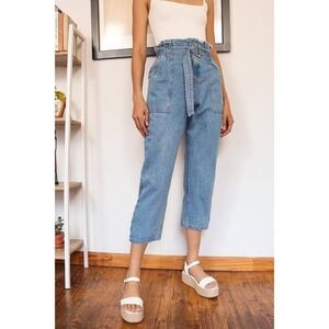 Lulus High-Waisted Paperbag Jeans Women M Blue Denim Belted Straight Leg S8780